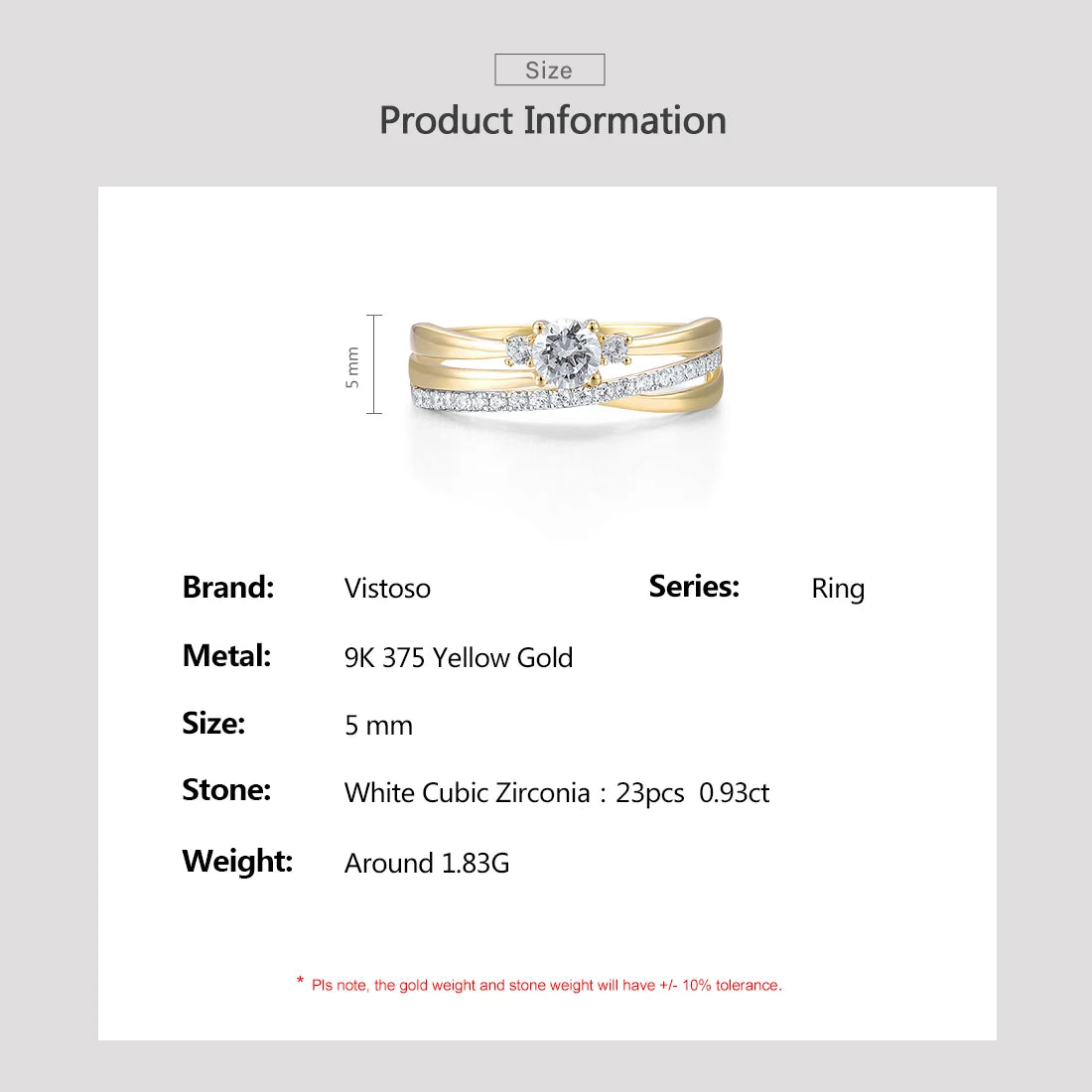 VISTOSO Gold Rings For Women Genuine 9K 375 Yellow Gold Ring Sparkling White CZ Promise Band Rings  Anniversary Fine Jewelry