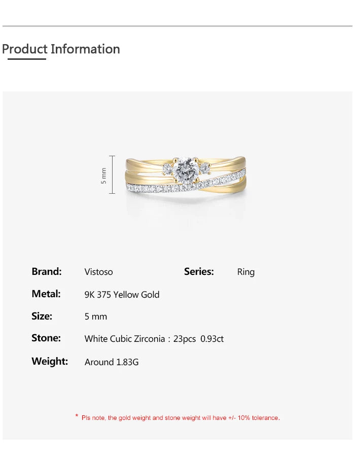 VISTOSO Gold Rings For Women Genuine 9K 375 Yellow Gold Ring Sparkling White CZ Promise Band Rings  Anniversary Fine Jewelry