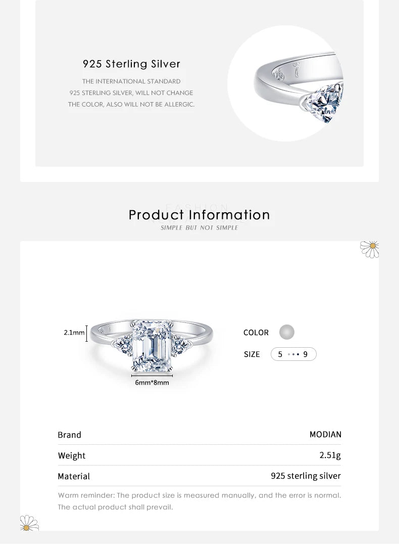 Modian 100% 925 Sterling Silver Luxury Rectangle Emerald Cut 2CT Clear AAAAA CZ Finger Rings For Women Statement Wedding Jewelry