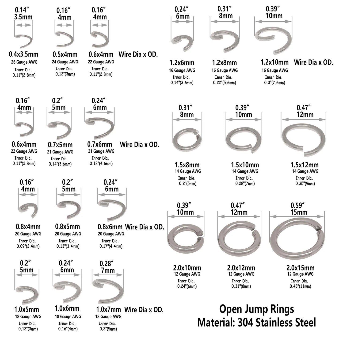 250/1000/5000PCS Stainless Steel Jump Rings 4mm 5mm 6mm 7mm 8mm 9mm 10mm 12mm 15mm Round Metal Split Opened Rings